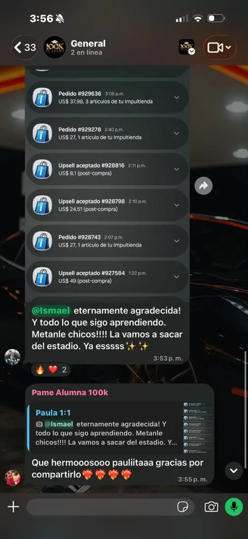 Alumna comparte sus ventas y upsells del día y agradece a Ismael